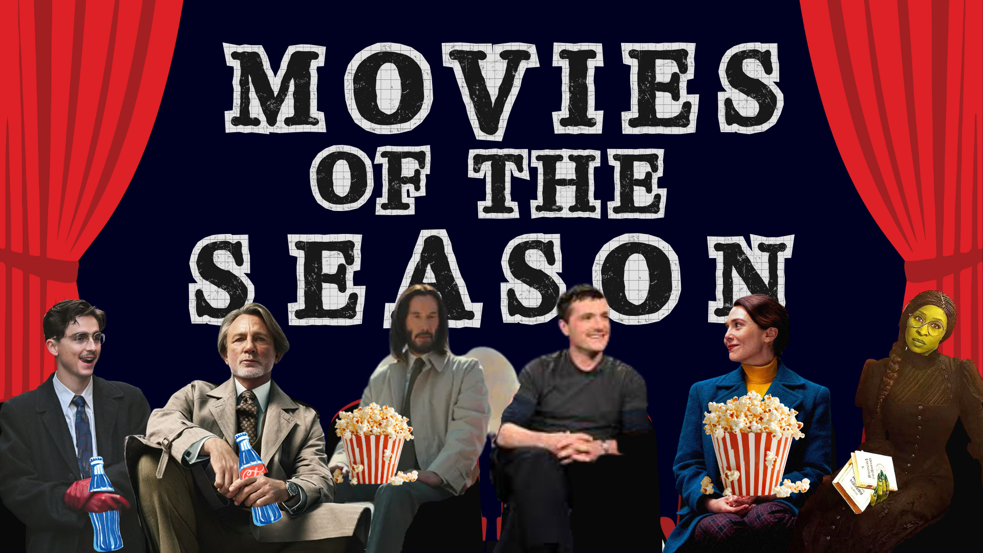A collage of stars of recent movies sit in a movie theater.