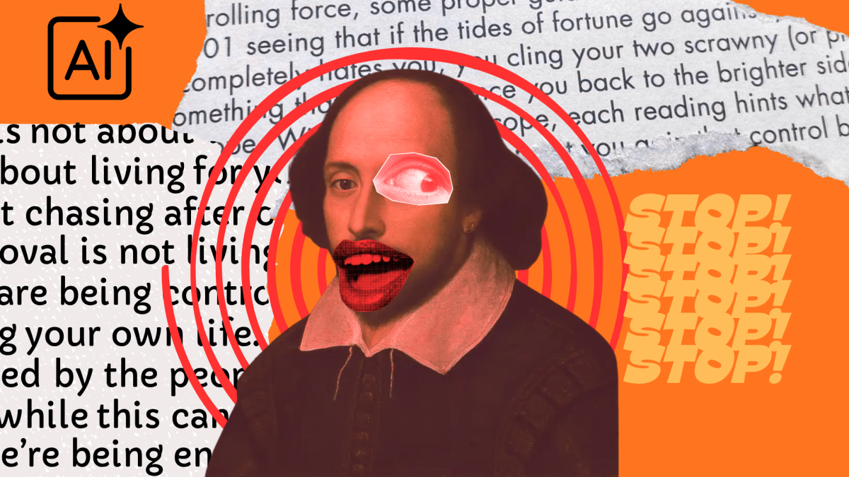 A collage of writing with a avant-garde Shakespeare and the words "Stop!" repeating behind. 