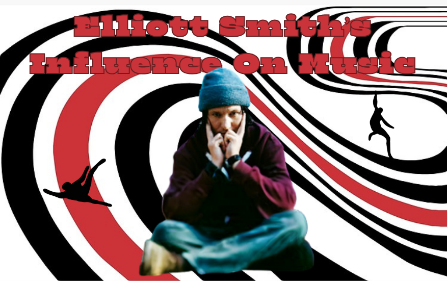 Elliott Smith pictured behind the cover of his album, “Figure 8,” with silhouettes of people in the background from his self-titled album, “Elliott Smith.”

