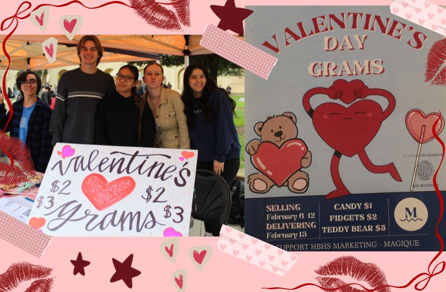 The second period Advanced Integrated Marketing Class selling Valentine's grams beside their promotional poster. 