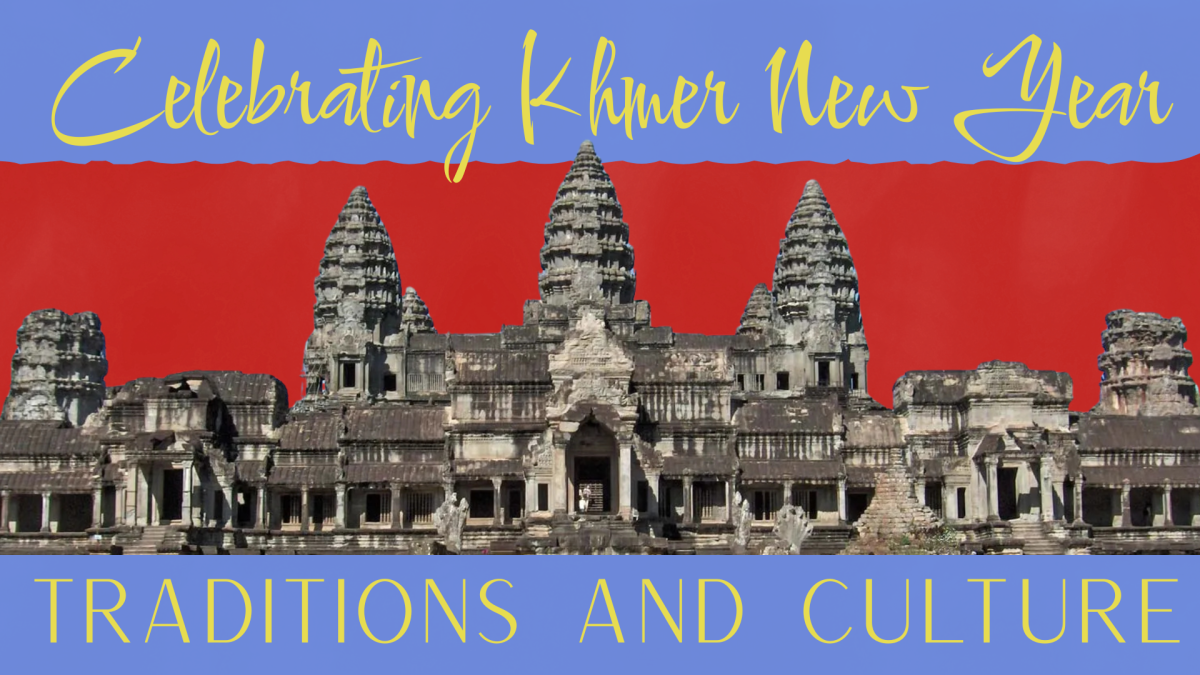 A collage showcasing the Cambodian flag colors and the Angkor Wat temple in Cambodia.