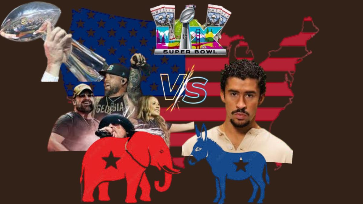 Collage of Bad Bunny and the TPUSA performers and the politics behind it