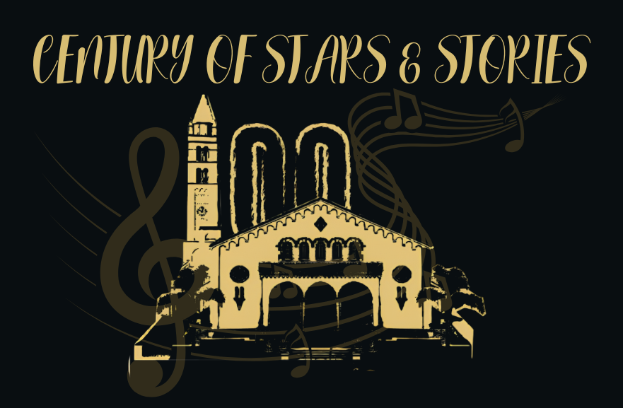 This is a silhouette of the Huntington Beach High School Auditorium, with music notes in the background.