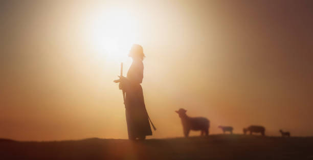 Shepherd Jesus Christ leading the sheep and praying to God and in the field bright sun light and Jesus bokeh silhouette background received from istockphoto.com