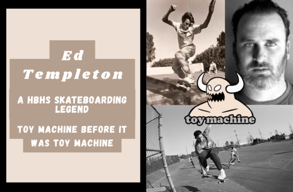 Two pictures taken by Ed Templeton located on the top left and bottom. The picture on the top right is Templeton and the Logo in the middle is the signature Toy Machine logo.