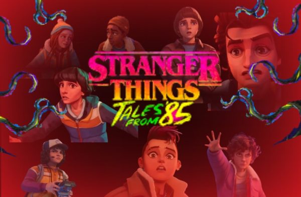 The cast of the animated series, "Stranger things Tales of '85," with vines surrounding it.