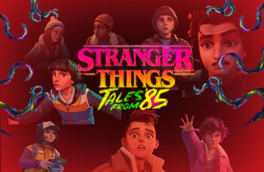 The cast of the animated series, "Stranger things Tales of '85," with vines surrounding it.