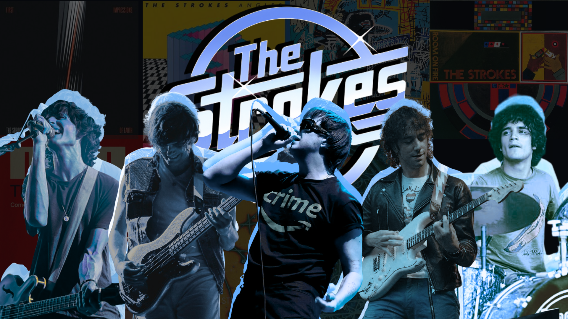 A collage of the members of The Strokes, with their albums in the background.